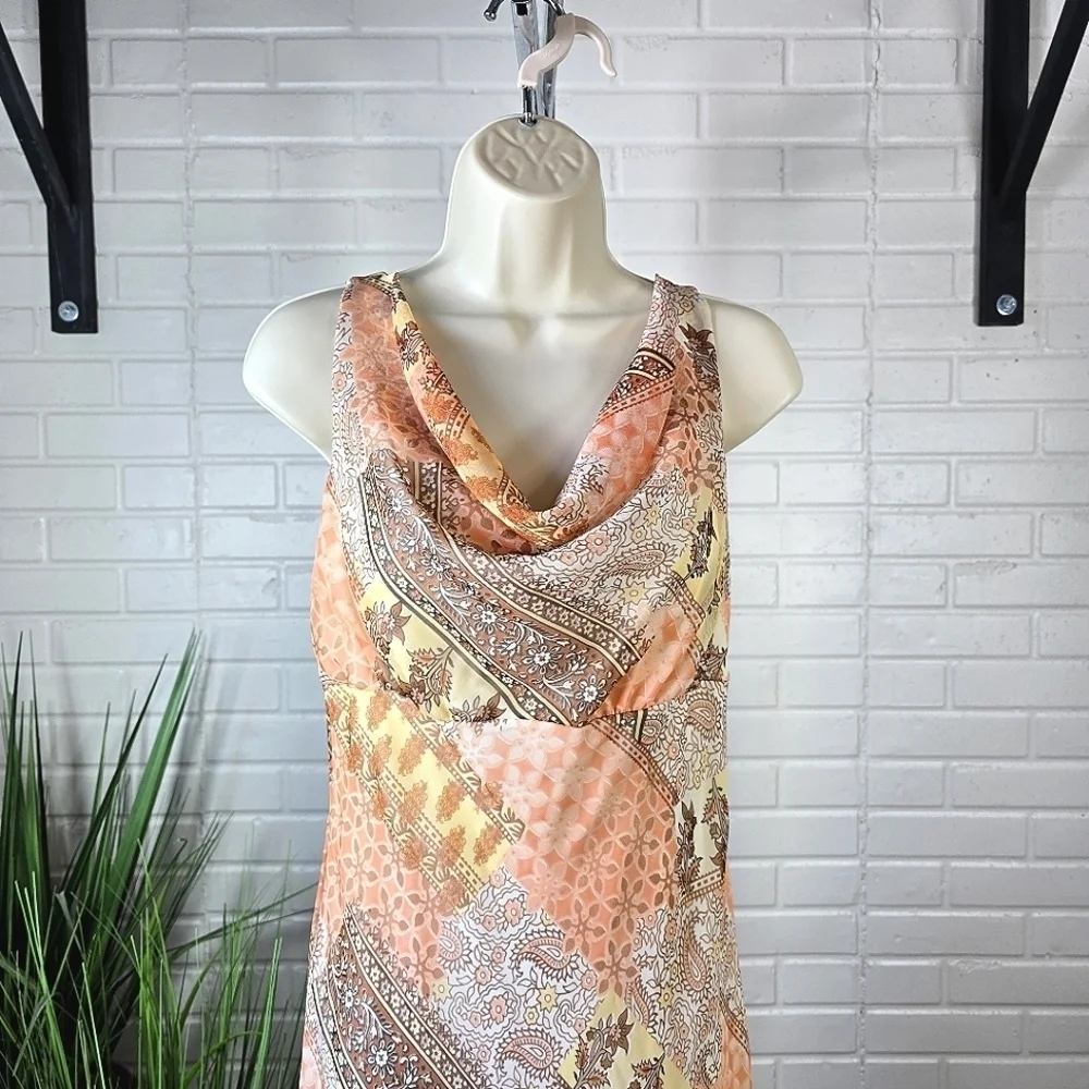 Vintage Y2k Paisley Chiffon Midi Dress size 8 Pastel Orange Cream Pink